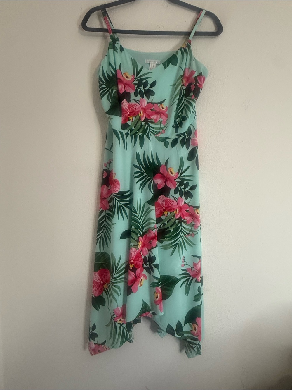 London Times Mint Green Tropical Hibiscus Handkerchief Dress 10 Vacation Cruise - Picture 2 of 8